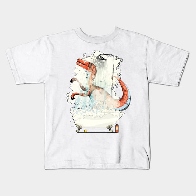 Dinosaur Velociraptor in the Shower Kids T-Shirt by InTheWashroom